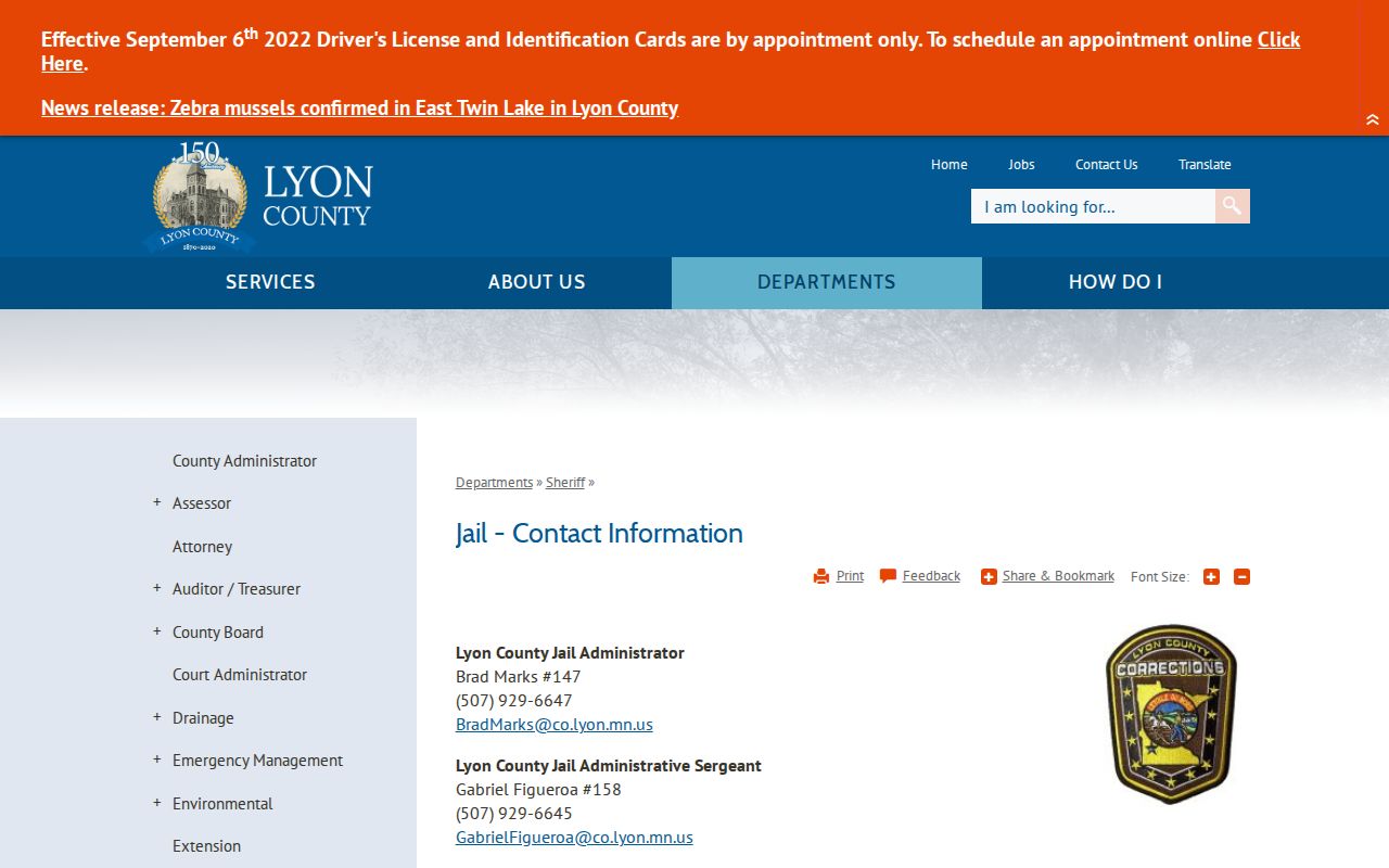 Lyon County Jail history contact and release facility information
