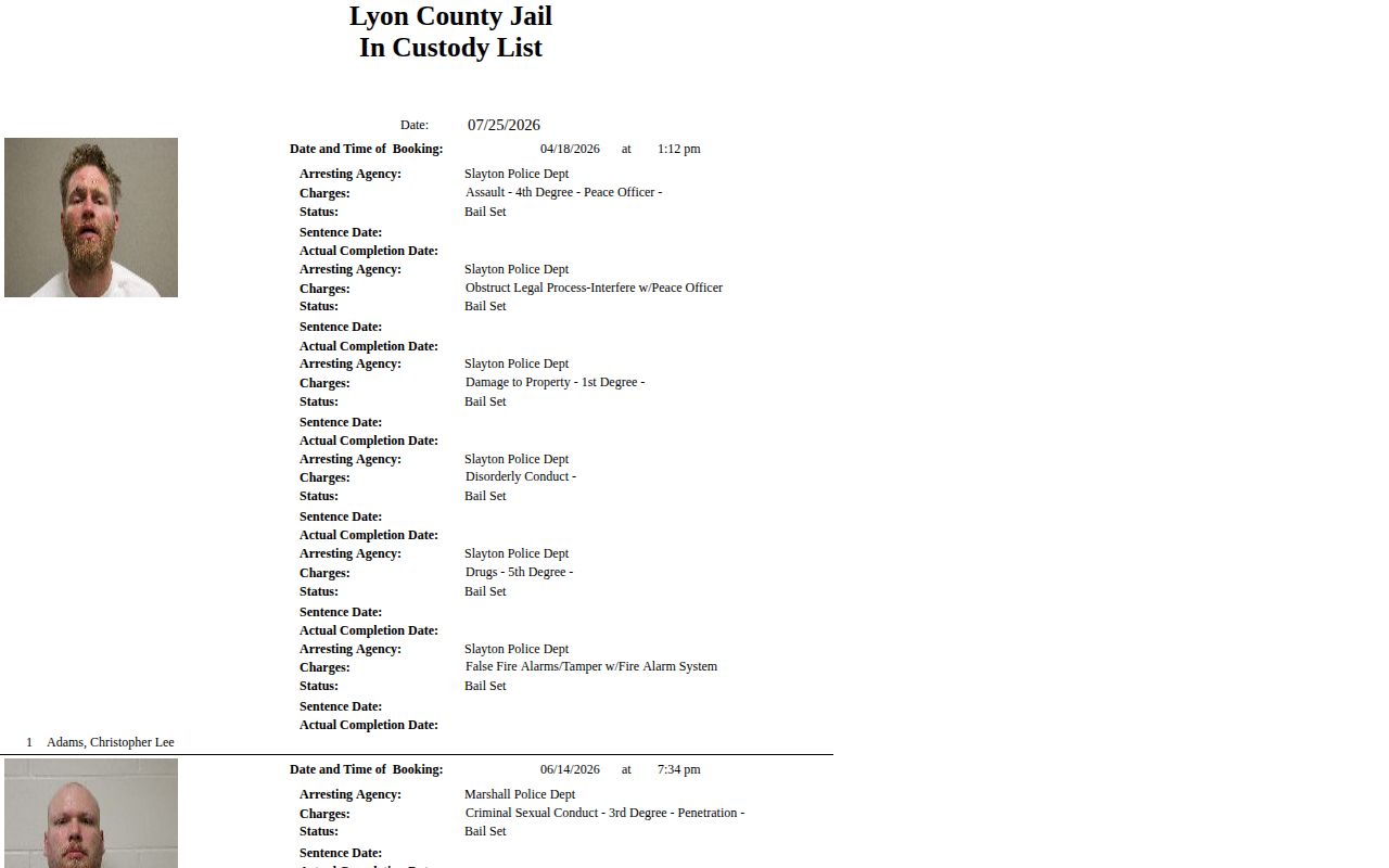 Lyon County current roster fields used when checking 24-hour releases
