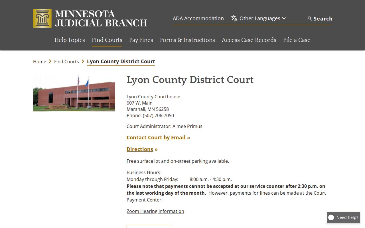 Lyon County court release record contact and calendar