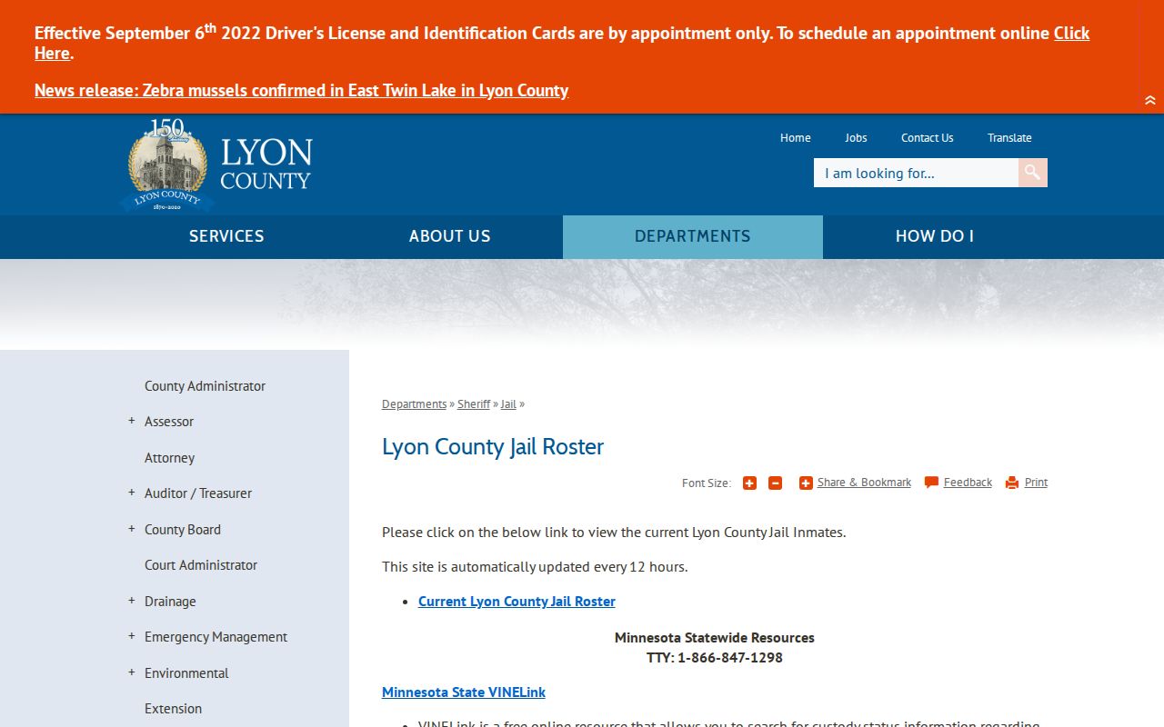 Lyon County roster release limits and VINE notice